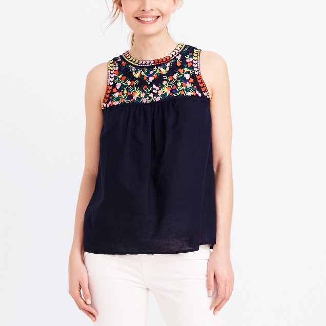 Embroidered linen-cotton tank top